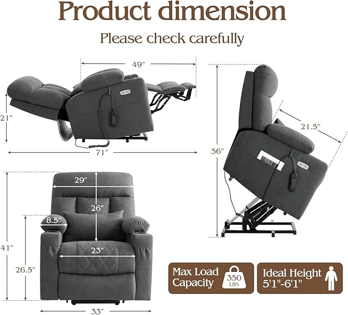 Power Lift Recliner Chair for Elderly with Extended Footrest, Infinite Position Lay Flat Recliner Chair for Adult W/Massage & Heating, Adjustable Headrest, 3-Motor Zero Gravity,Cup Holder, Fabric