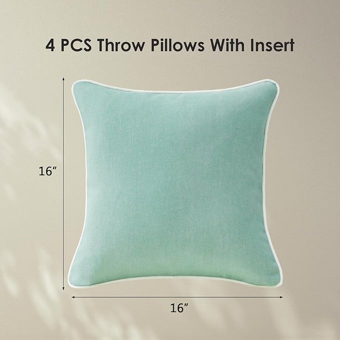 Decorative Outdoor Water Repellent Throw Pillows with Inserts, Set of 4, 16" x16" Pillows for Patio, Backyard, Bed, Couch, and Patio Furniture, Aqua Green