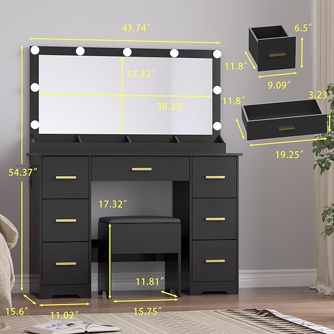 Makeup Vanity with Large Lighted Mirror and Chair, 7 Drawers Vanity Makeup Desk Table with Power Strip, Adjustable Lighting, and Cushioned Storage Stool for Women, Girls