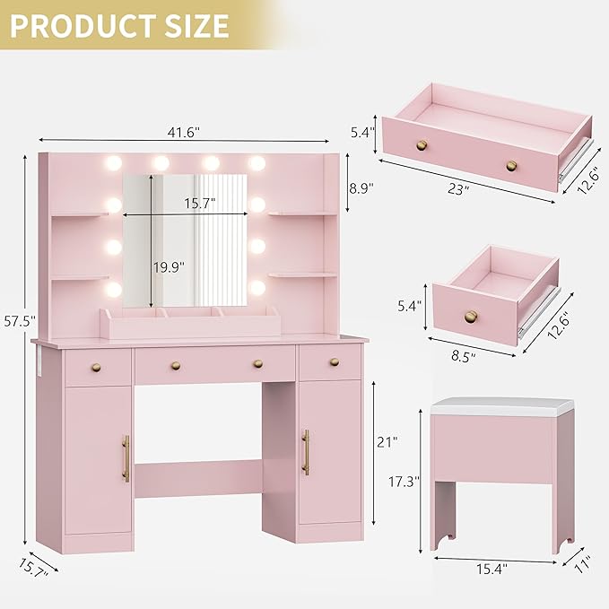 Vanity Desk with Mirror and Lights, Makeup Dressing Table Set with Storage Drawers & Stool, Power Outlet, 3 Lighting Modes Adjustable Brightness & RGB Ambient Light for Women Girls Bedroom, Pink