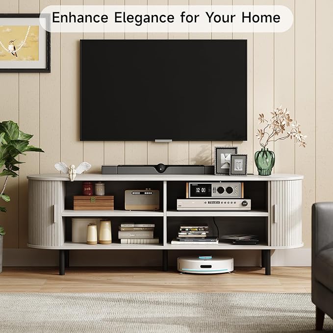 63" TV Stand with Power Outlet for TVs up to 70 Inch, Entertainment Center with Storage and Adjustable Shelves, Modern Media Console with Sliding Doors for Living Room, Natural White