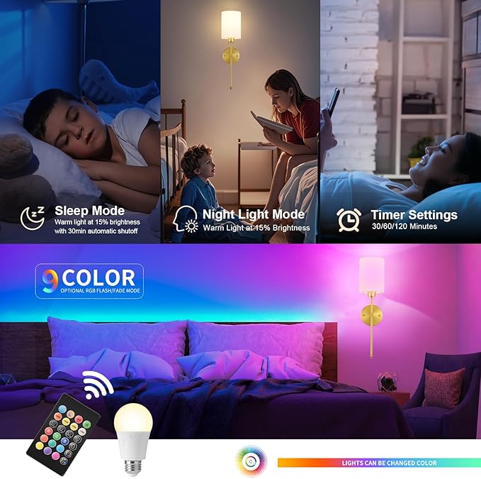 Battery Operated Wall Sconces Set of Two,Wireless Rechargeable Wall Light With Remote Control, Dimmable, Amber Light/Warm White/Natural White/Daylight/RGB, Timer,for Living Room,Bedroom,Entryway,Gold