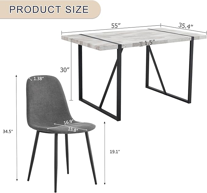 Dining Table Chairs Set for 4, Modern Rectangular Dining Room Table Set Upholstered Dining Chairs 55" Dinner Table Set for Kitchen