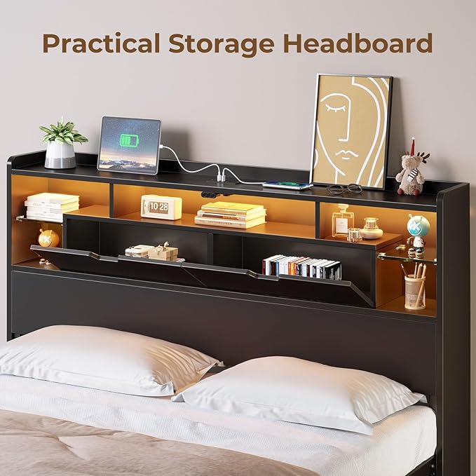 Rolanstar Full Size Bed Frame with Headboard, LED Bed with Bookcase Storage and Charging Station, Metal Platform Bed with Glass Shelves, No Box Spring Needed, Noise-Free, Black