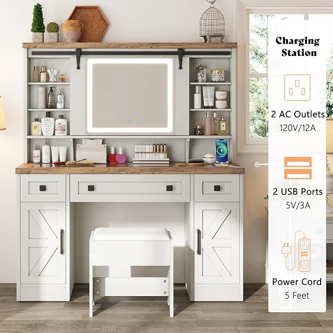 AMERLIFE 47.2" W Farmhouse Makeup Vanity Desk with Sliding Mirror, Vanity Set with Stool & Charging Station & 3 Brightness Lights, Glass Desktop, Ample Storage, Antique White