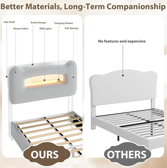 GarveeHome Upholstered Twin Bed Frame with 2-Tier Storage Headboard, LED Platform Bed with Charging Station and Drawer for Kids/Girls/Boys, Heavy Duty Metal Support, No Box Spring Needed, Grey
