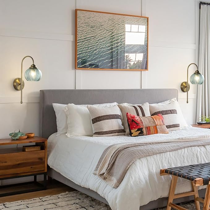 KCO Lighting Brushed Gold Wall Sconce Light Vintage Green Glass Wall Sconce Set of 2 Unique Bathroom Wall Sconces Set of Two Modern Globe Sconces Wall Lighting Stair Corner Wall Lamp