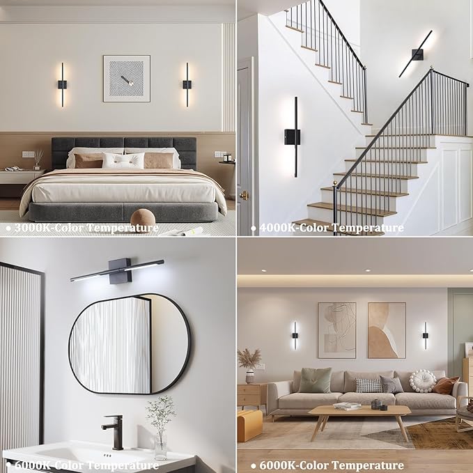 Battery Operated Wall Sconce Set of 2, 8000mAh Wireless Wall Sconces, 3000K-6000K Dimmable, 350°Rotate, Indoor Wall Lights with Remote for Bedroom Living Room Bathroom, Black, 23.6 Inch