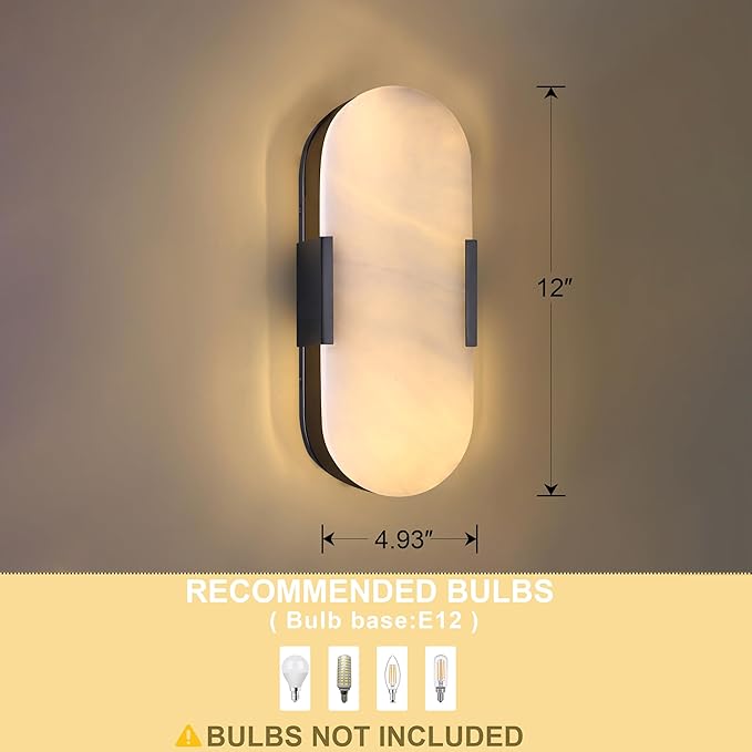 Doraimi Lighting 2 Light 12" Natural Oval Alabaster Marble Bathroom Wall Sconce Modern Concise Style Wall Light Fixture,Dark Gray Finish for Bedroom Hallway Bedside Living Room