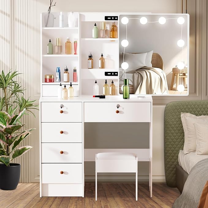 Makeup Vanity with Sliding Mirror and Lights in 3 Colors, Vanity Table with 6 Storage Drawers and Multiple Shelvers, Dressing Table with with Cushioned Stool for Bedroom, White