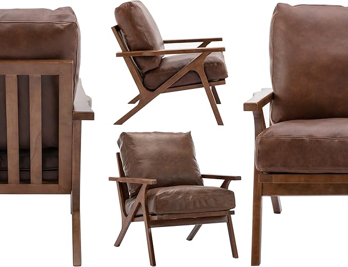 Wahson Brown Leather Accent Chair - Mid Century Modern Retro Upholstered Armchair with Wood Frame and Removable PU Cushions - Large Compfy Leisure Slipper Chair for Living Room/Bedroom (Set of 2)