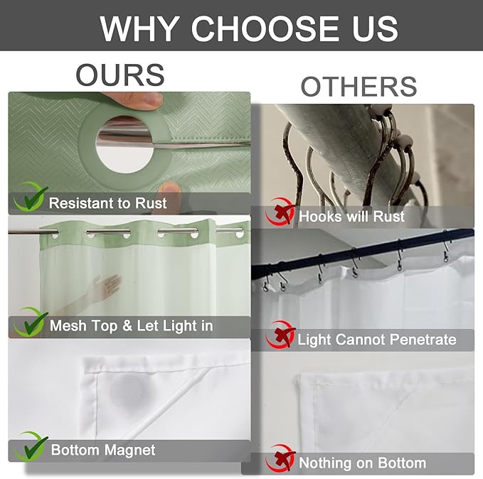 No Hook Shower Curtain with Snap in Fabric Liner Set, Sage Green Chevron Shower Curtain for Bathroom, Washable and Water Repellent, See Through Mesh Top Window, 71x74 Inches