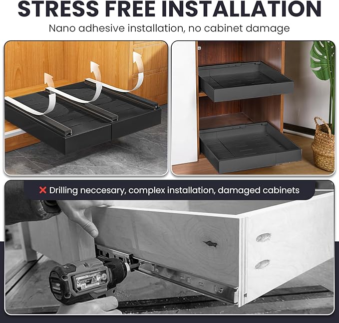 Pull Out Cabinet Organizer – Adjustable Sliding Shelf Inserts for Cabinets - Expandable Shelf Organizer from 12.6" to 20.5" – No Drill or Screw Install (Black, 1 Pack)