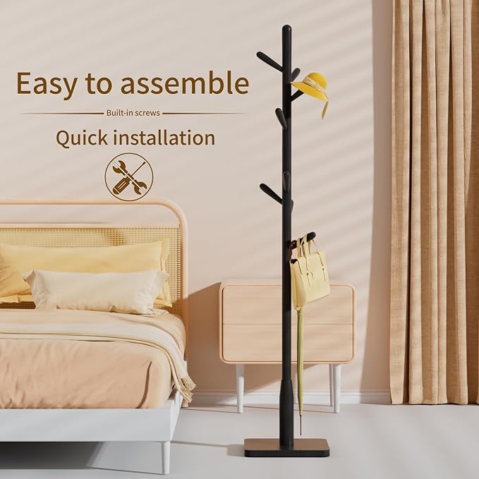 Solid Wood Square Base Coat Rack, Free Standing Hall Coat Tree with 8 Hooks（+2 spare for Coats, Hats, Bags, Purses, for Entryway, Hallway, Rubberwood Hooks,Base and Pole,(Square Base, Black)