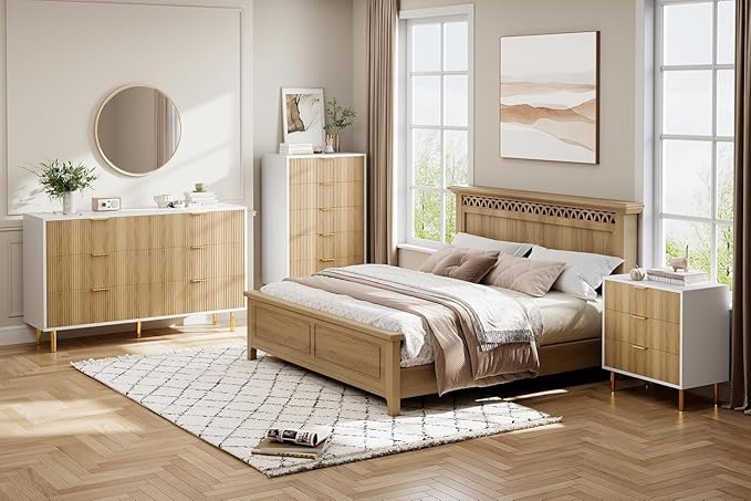 GarveeHome Natural 5 Drawer Dresser for Bedroom, 48” Tall Dresser Chest of Drawers, Modern Wood Storage Organizer with Gold Metal Handles & Anti-Tipping Device for Hallway, Entryway