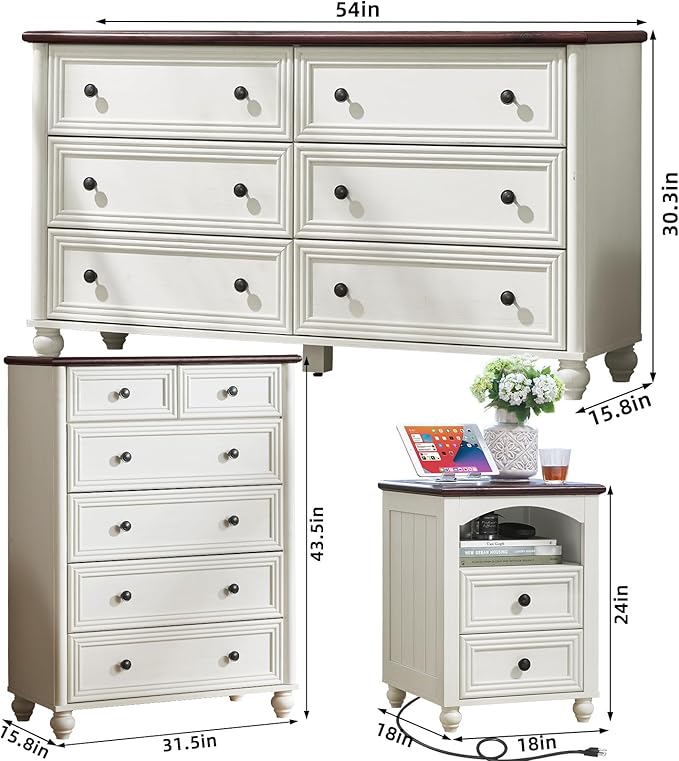 Farmhouse Dressers & Night Stand Set of 3, Wood 54" Wide 6 Drawer Dresser & 43.5"Tall Chest of Drawers, 18" with Charging Station Nightstand, Bedroom Furniture Dresser Set for Home Living Room Hallway