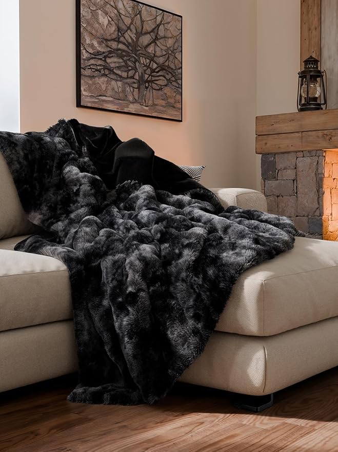Fluffy Throw Blanket Queen Size - Faux Fur Throw for Couch or Bed - Plush Soft Extra Thick Faux Fur Rabbit Blanket - Comfy, Warm & Breathable - Luxury Minky Tie Dye Bedding - 90" x 90", Marble Black