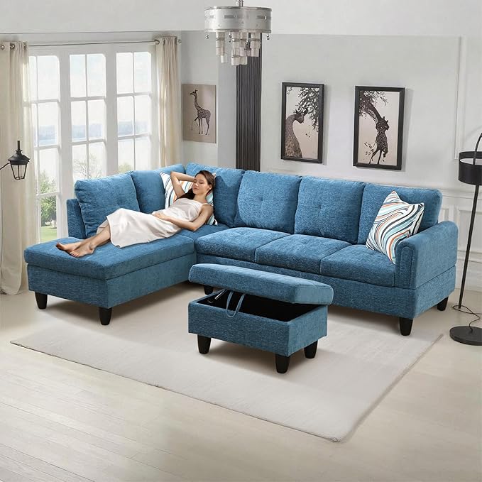 L-Shape 3-Piece Cloud Sofa, Couch for Living Room, Blue Flannel Fabric L-Shape with Reversible Chaise & Storage Ottoman, Ergonomic 110–115° Recline, Solid-Wood Frame
