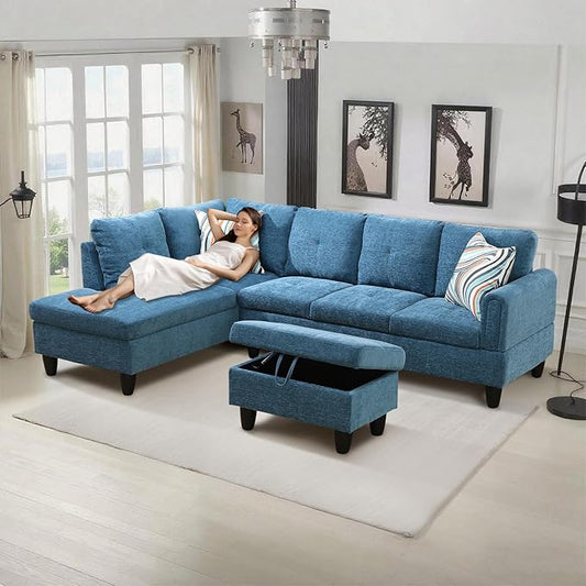 L-Shape 3-Piece Cloud Sofa, Couch for Living Room, Blue Flannel Fabric L-Shape with Reversible Chaise & Storage Ottoman, Ergonomic 110–115° Recline, Solid-Wood Frame