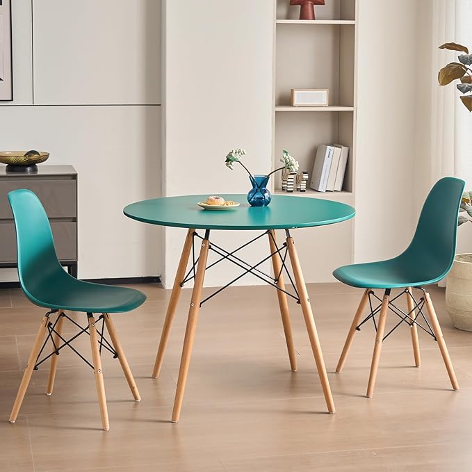 35.5'' 5 Piece Round Dining Table Set for 4, Mid-Century Modern Table with Chairs, Space Saving, Plastic Seats, Wood Legs, Circle Dinner Table for Kitchen, Home, Apartment, Green