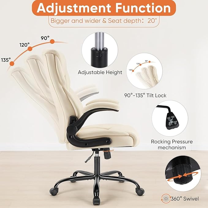 Sweetcrispy Ergonomic Office Chair Heavy Duty Task Desk Chair with Flip-up Arms, PU Leather, Adjustable Swivel Rolling Chair with Wheels, Beige