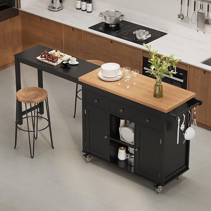 Ahomly Kitchen Island with Extendable Table for 2, 79.06" Extendable Kitchen Island Cart on Wheels with Storage Cabinet & 2 Open Shelves, Island Table for Kitchen with 3 Drawers, Black