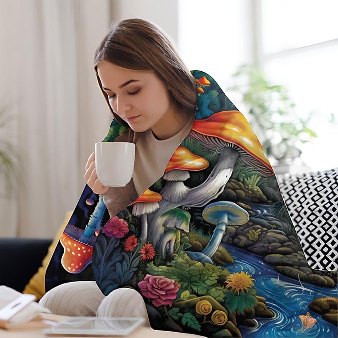 Mushroom Throw Blanket, Mushroom Gifts for Women Men, Soft Hippie Cottage Core Room Decor, Lighweight Flecce, 50x60 inches, 310 GSM, No Pilling, Single Sided Printed