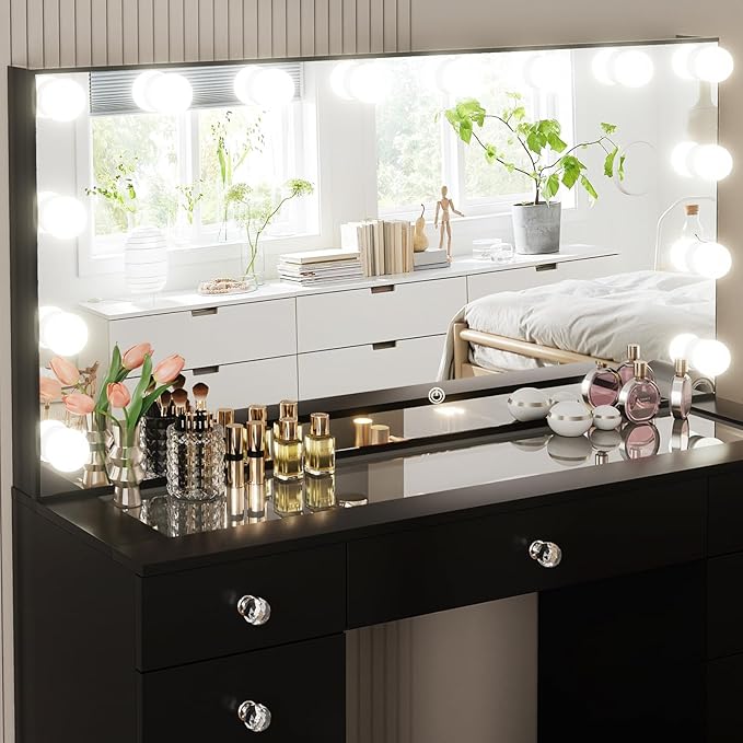 VOWNER Vanity with Lighted Mirror - Glass Top Makeup Vanity Desk with Lights and 11 Drawers, 3 Color Lighting Modes Adjustable Brightness, 46" Makeup Desk with Soft Cushioned Stool for Bedroom, Black