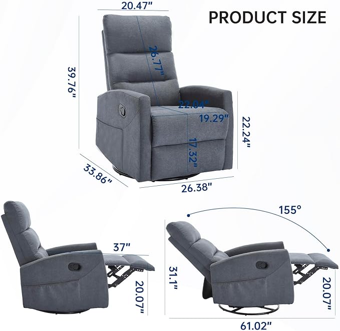 360° Swivel Rocker Recliner Chair for Small Spaces, Manual Reclining Chair for Adults, Rocking Glider for Nursery, Living Room, Bedroom, Fabric Dark Grey