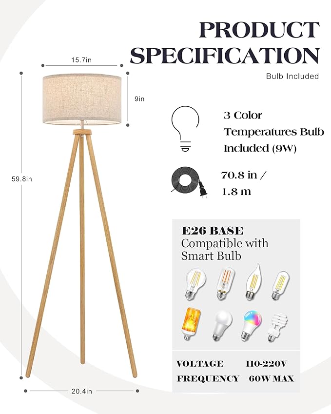 ELYONA Wood Tripod Floor Lamp for Living Room, Nordic Standing lamp with 3 Color Temperatures LED Bulb Included & Beige Linen Shade, Footswitch, Tall lamp for Bedroom, Office, Study Room, Natural Wood