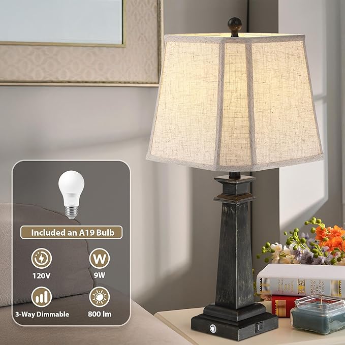 27.5" Table Lamp for Bedroom, 3-Way Dimmable Touch Lamp for Nightstand, Farmhouse Table Lamp for Living Room with USB A+C Charging Ports, Bulb Included (Black)