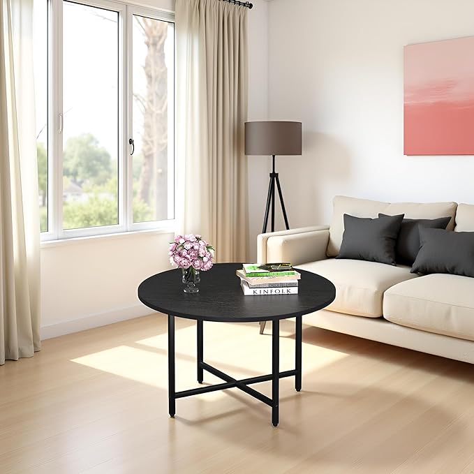 Coffee Table, 23.6" Coffee Tables for Living Room, Round Coffee Table with Metal Frame, Floor Table for Sitting on The Floor, Home, Office, Black