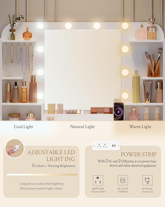 Vanity Desk with HD Mirror and Led Light, Makeup Vanity with Power Strip, Dressing Table with 4 Drawers, 42.5'' Large Tabletop, 2 Open Storage Cabinets, with Jewelry Storage, White