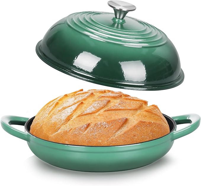 TeamFar Cast Iron Bread Dutch Oven, 6 Qt Enameled Dutch Oven Pot for Sourdough Bread Baking, with Tall Dome Lid & Round Base Pan, Self-Basting & Even-Heating, Heavy-Duty & Non-stick, Dark Green