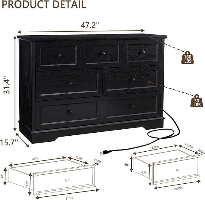 Farmhouse 7 Drawers Dresser for Bedroom with Charging Station, Wide Black 7 Chest of Drawers, Wood Dressers Organizer for Closet, Modern Storage Organizer Cabinet for Living Room,Hallway & Entryway﻿