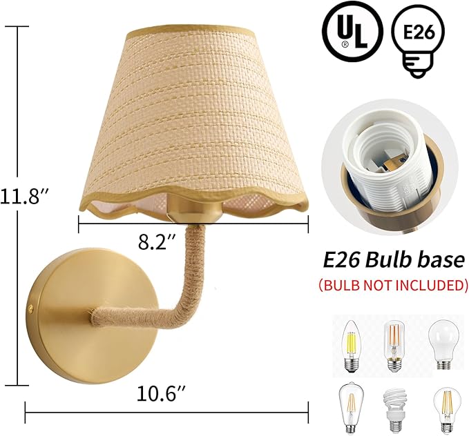 Boho Hand Woven Ratten Wall Sconce, Single Wall Lamp with Grass-Woven Lampshade for Bedroom Living Room Hallway Porch, E26 Base