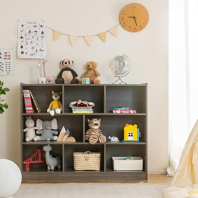 NAFORT 8-Cube Organizer Storage Cabinet, 3-Tier Bookshelf,Low Displaycase, Wooden Bookcase for Bedroom/Preschook/Classroom/Office, Gray