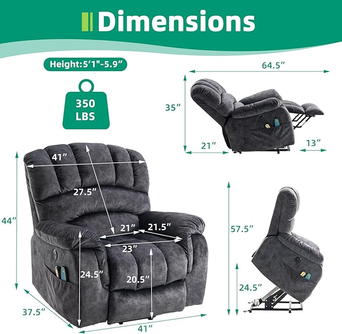 VIVIJASON Large Power Lift Chair Electric Recliner Chair with Heat & Massage for Elderly Big People, Overstuffed Wide Electric Recliner with 2 Remote Controls, Side Pockets & USB Ports, Dark Gray