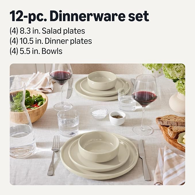 Amazon Basics Glazed Stoneware Dinnerware, Ceramic 12-Piece Set, 4 Full Place Settings, Dishwasher-Safe, Ivory