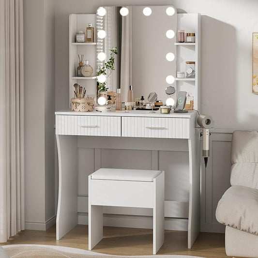 Vanity Desk with LED Lighted Mirror, Makeup Vanity with 3 Adjustable Lights, 2 Large Drawers and 4 Open Shelves, White Vanity with Storage Stool for Bedroom