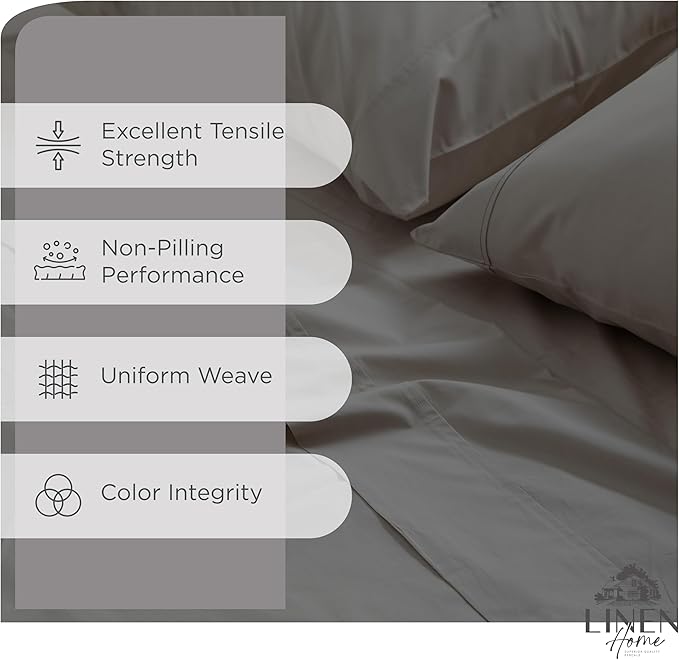 Linen Home 100% Cotton Percale Sheets Full Size, Charcoal, Deep Pocket, 4 Pieces Set - 1 Flat, 1 Deep Pocket Fitted Sheet and 2 Pillowcases, Crisp Cool and Strong Bed Linen