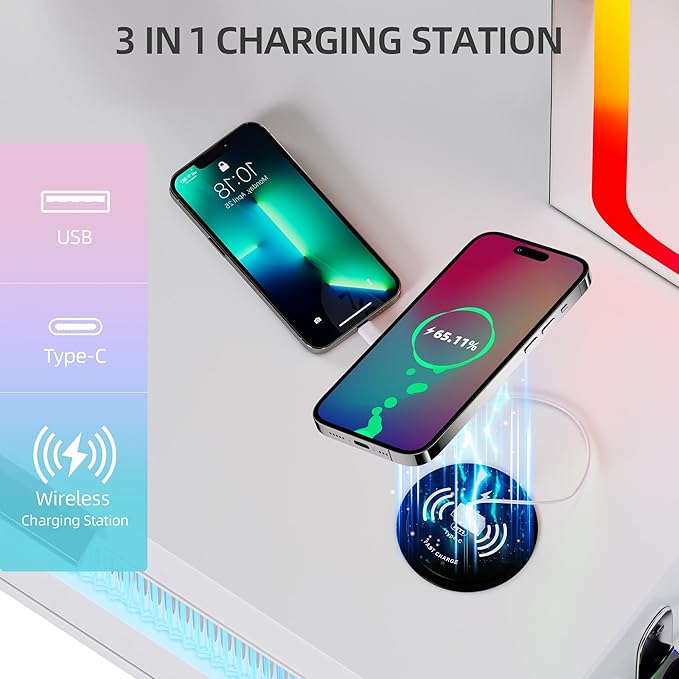 LED Vanity with Sliding Mirror, Smart Makeup Table with 5 Drawers 6 Shelves, Make Up Vanity Desk with Charging Station 14 Color Lighting Modes, Cushioned Stool, USB Type-C for Bedroom White