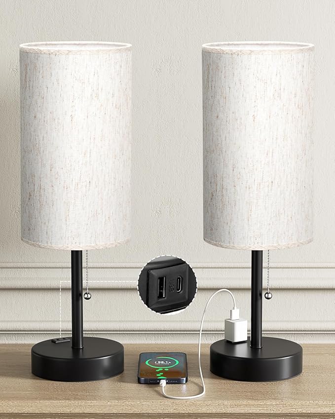 Plus Bedside Table Lamps Set of 2-3 Color Temperatures Pull Chain Lamp with AC Outlet Charging Port, Round Night Stand Lamps for Bedroom Guest Room Office, Bed Side Light with E26 LED Bulbs