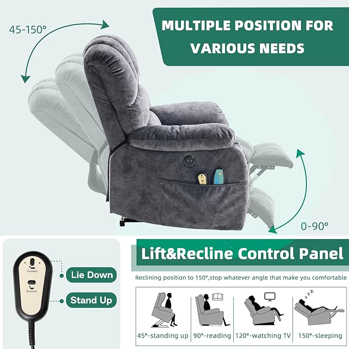 VIVIJASON Large Power Lift Chair Electric Recliner Chair with Heat & Massage for Elderly Big People, Overstuffed Wide Electric Recliner with 2 Remote Controls, Side Pockets & USB Ports, Dark Gray