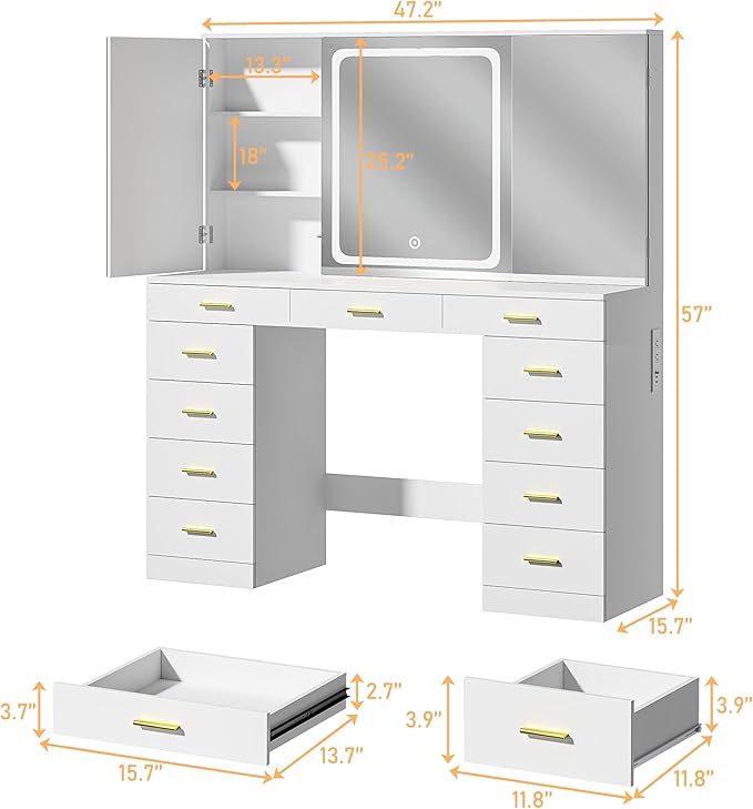 Makeup Vanity Desk with Lights, 47.2" Vanity Desk with 11 Storage Drawers and Hidden Storage Shelves, White Vanity with Charging Stations & 3 LED Lighting Modes Adjustable, for Bedroom
