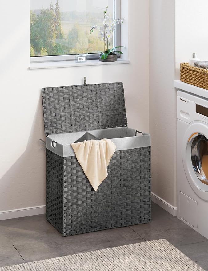 Greenstell Laundry Hamper with lid, No Install Needed, 130L Wicker Laundry Baskets Foldable 2 Removable Liner Bags, 2 Section Clothes Hamper Handwoven Rattan Laundry Basket with Handles, Gray