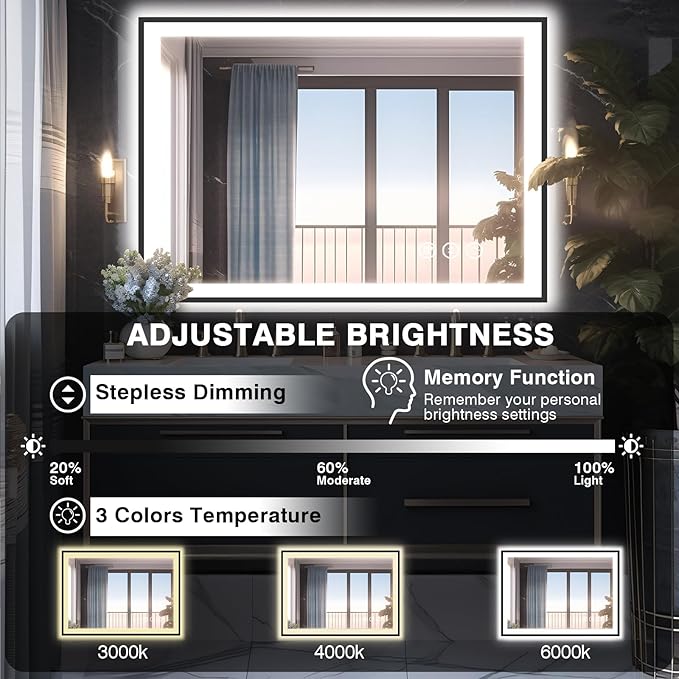 40x30 LED Lights Bathroom Mirror -Black Aluminum Rimmed(Front lit and Backlit),Anti-Fog Vanity Mirror with Lights,Stepless Dimmable Lighted Mirror,3 Colors Smart Mirror(Horizontal/Vertical)