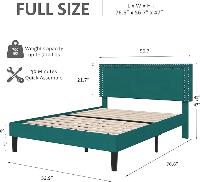 VECELO Full Size Bed Frame with Adjustable Upholstered Headboard, Wooden Slats Platform, Noise-Free Design, No Box Spring Needed, Easy Assembly