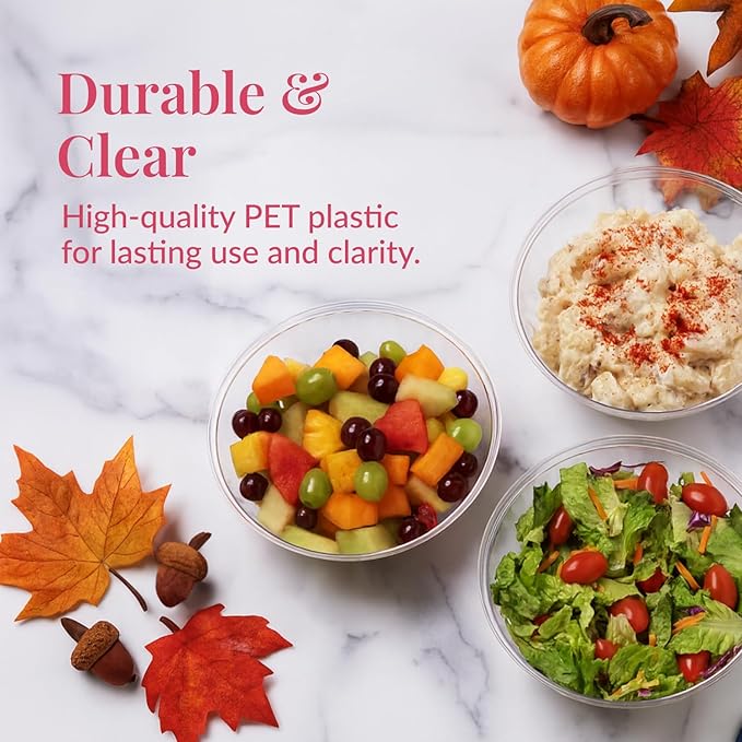 Prestee 12 Pack Clear Plastic Serving Bowls - 53 Oz Round Reusable and Disposable Bowls for Parties and Events - Sturdy and Durable Plastic Bowl for Serving Food, Salads, Snacks, Chips, and Candies