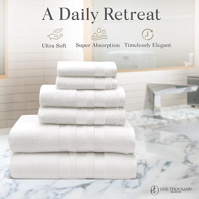 Zero Twist Bathroom Towel Set - Luxury Bath Towel Sets for Bathroom, Hands, and Washcloths - Quick Dry and Absorbent - 6 Pieces, 3 Stripe, White